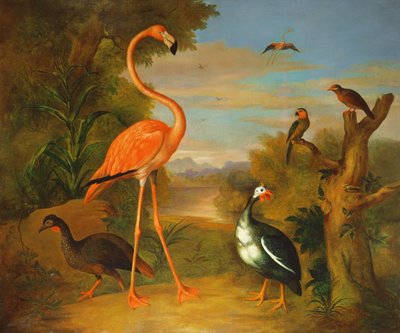 Flamingo and Other Birds in a Landscape by Jakob Bogdani or Bogdany